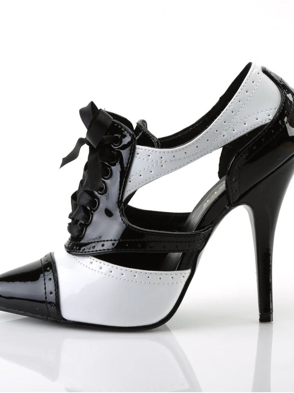 Pleaser Black and White Patent Lace-Up Pointed Toe Pumps - Picture 3 of 4
